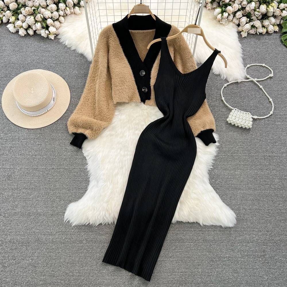 Oversized Lantern-Sleeve Knit Set – Cozy Fleece Cardigan & V-Neck Vest Dress (Camel/Black)_ecoleips.com