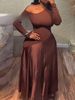 Elegant Plus Size Evening Dress For Women – Off-Shoulder Long Sleeve Bodycon Maxi Dress (Brown, Stretch Knit Fabric)_ecoleips.com