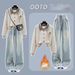 Fleece-Lined Plaid Polo Collar Sweatshirt & Vintage Drawstring Jeans Set - Winter-Ready Academic Style (Blue/Beige/Grey)_ecoleips.com