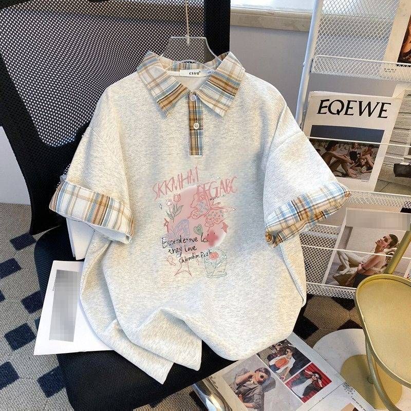 Korean-Style Printed Polo Shirt With Lace-Trim High-Waist Slimming Jeans Set (Yellow/Purple, S-XL)_ecoleips.com