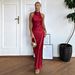 Women's Satin Halter Neck Maxi Dress – High-Waisted Backless Evening Gown With Slit, Stretch Polyester For Clubwear & Vacation (Red/Black)_ecoleips.com