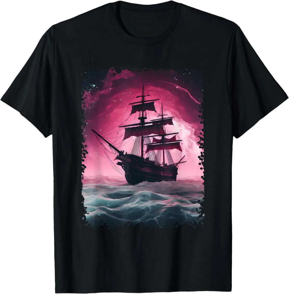 Women's T-Shirts Cool Pirate Ship Pink Art Graphic T-Shirt_ecoleips.com