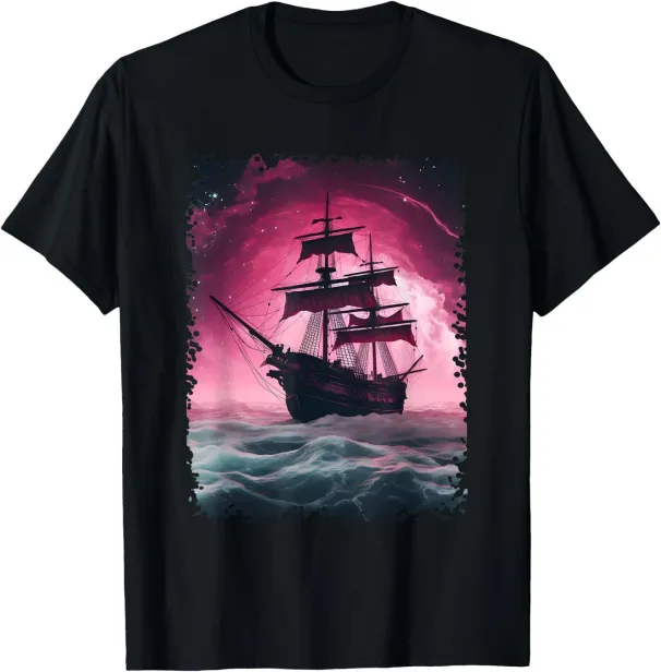 Women's T-Shirts Cool Pirate Ship Pink Art Graphic T-Shirt_ecoleips.com