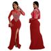 CY901013 European And American Style Round Neck Long Sleeve High Slit Rhinestone Sheer Dress For Women Solid Color Party_ecoleips.com