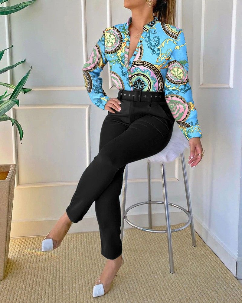 2025 Autumn New Women's Fashion Printed Stand Collar Sleeve Shirt Top With Belt Solid Color Long Pants_ecoleips.com
