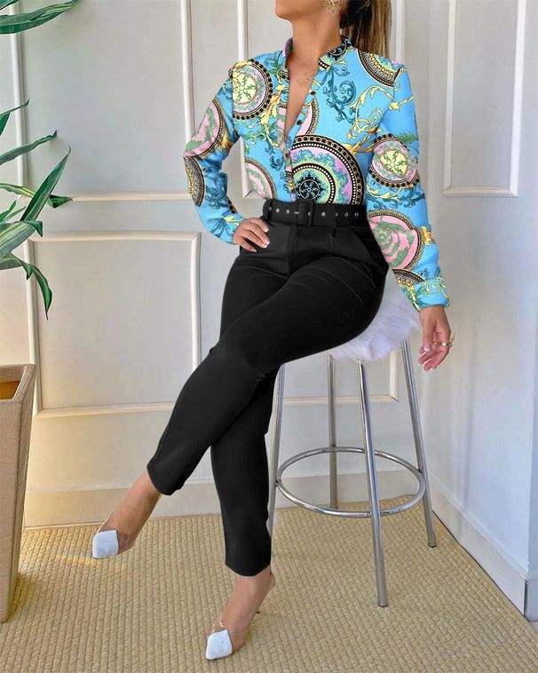 2025 Autumn New Women's Fashion Printed Stand Collar Sleeve Shirt Top With Belt Solid Color Long Pants_ecoleips.com