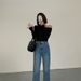 Women's Black One Shoulder Long Sleeve Shirt Sexy Bottoming Top Tight Fitting Clavicle Strapless Autumn T-Shirt All Match_ecoleips.com