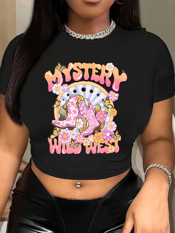 Qi Duo European And American Retro Crop Top Hot Girl Pure Desire Style Y2K Summer New Round Neck Fashion Printed T-Shirt_ecoleips.com