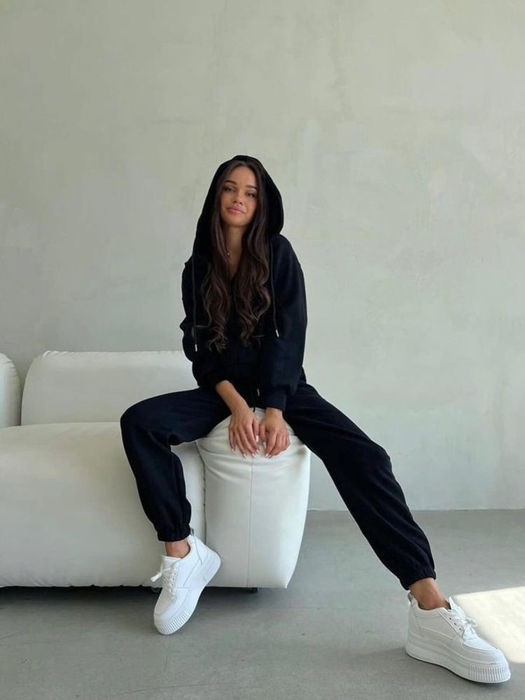 Casual European And American Women's Suit Solid Color Long-sleeved Zipper Hoodie Elastic Lace-up Pants Two-piece Set_ecoleips.com
