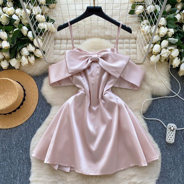 Women's Clothing Dimensional Butterfly Top Off Shoulder Sling Fishbone Waist A Line Skirt Satin Dress Short Skirt_ecoleips.com