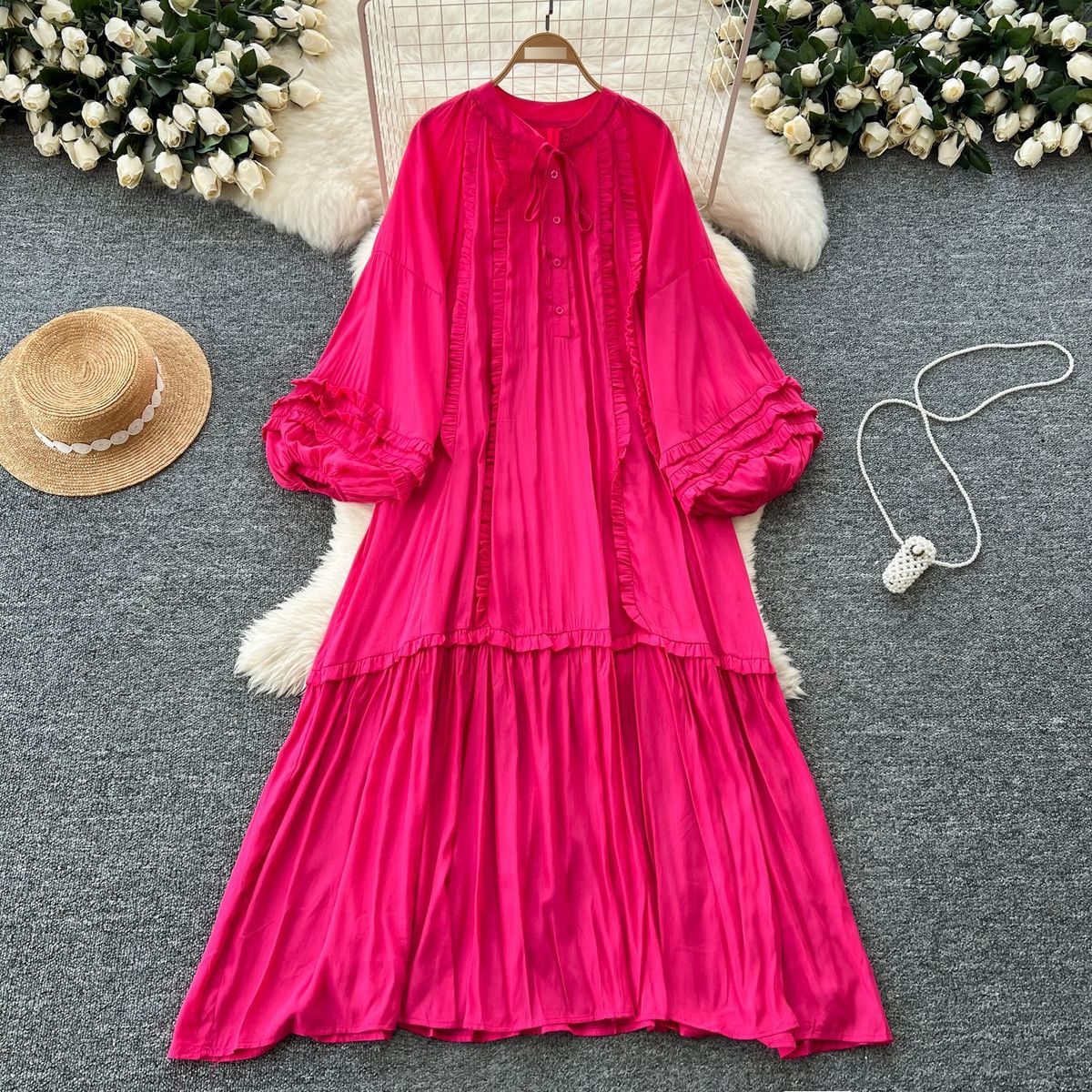Spring Dress High End Lazy Style Lace Up Single Breasted Lantern Sleeve Loose And Slim Ruffle Dres_ecoleips.com