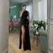 Women's Clothing Winter New Fashion Personality Slant Neck Off Shoulder Gathered Glossy Shiny Side Slit Banquet Dress_ecoleips.com