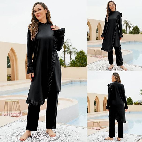 Women's Clothing Loose Surfing Diving Swimsuit Three Piece Set With Ruffled Edges Fully Enclosed Sunscreen Split Conservative Swimsuit With Chest Pads_ecoleips.com