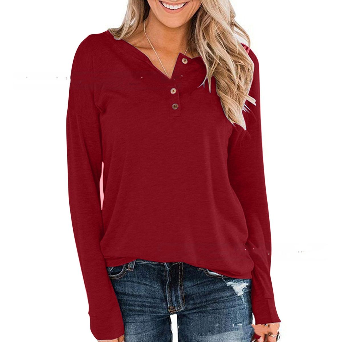 Women's Solid Color Knitted Long Sleeve Crew Neck Casual Button Up Top Independent New Arrival Autumn_ecoleips.com