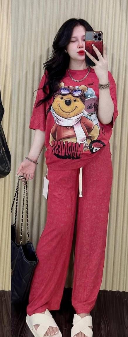 Women's Summer Fashionable Casual Korean Style Cartoon Bear Two Piece Set Wide Leg Pants Loose Short Sleeved Youthful Trendy_ecoleips.com