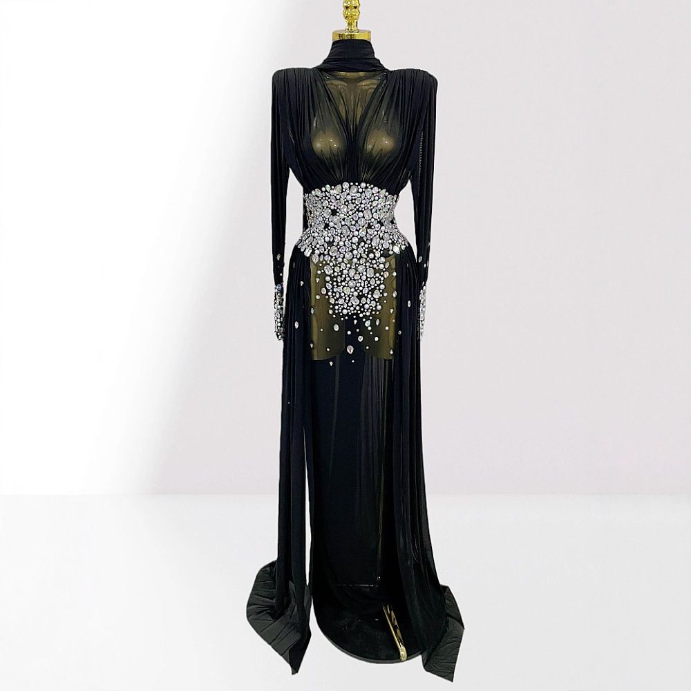 Crystal-Embellished Bandage Dress With Sheer Cape – Sexy Strapless Gown For Club Parties & Stage Performances_ecoleips.com