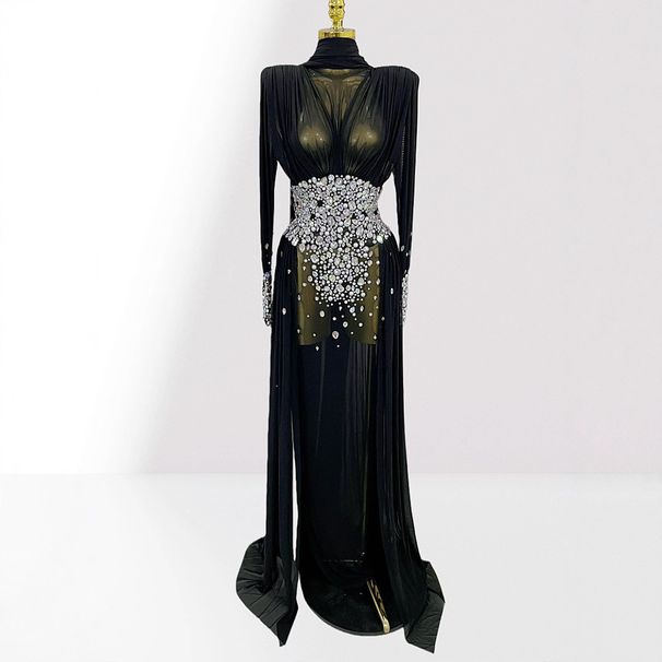 Crystal-Embellished Bandage Dress With Sheer Cape – Sexy Strapless Gown For Club Parties & Stage Performances_ecoleips.com