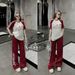 Women's American Retro Style Summer Sports Two Piece Set High Waisted Jogger Pants Loose Short Sleeved Trendy Outfit_ecoleips.com