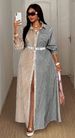 Curvy Women 2025 Striped Color Block Dress, Stand Collar Smocked Cuff Split Hem Elegant Spring Summer Dress For Office Commute Daily Wear_ecoleips.com
