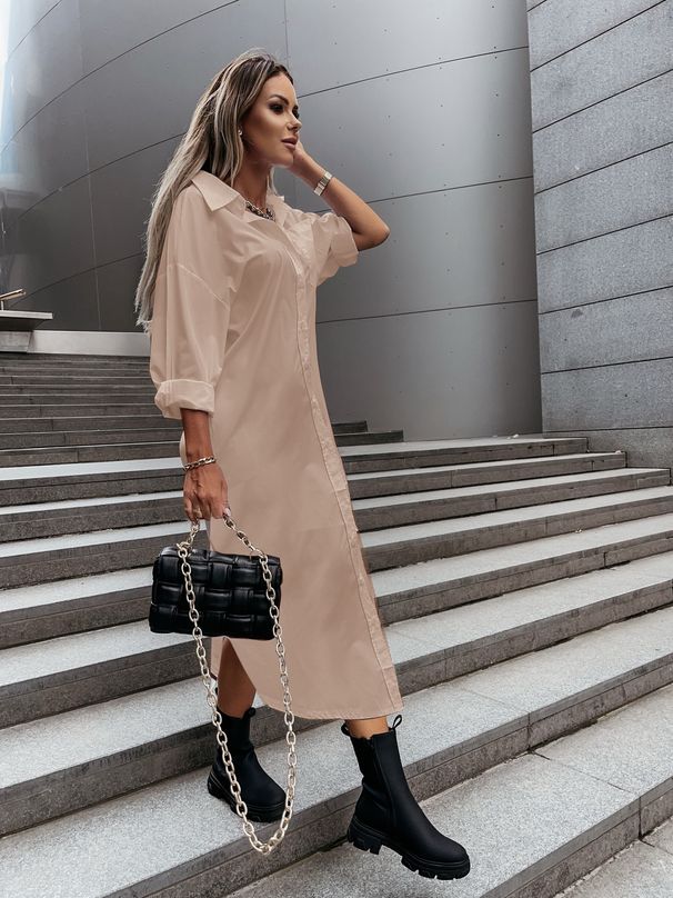 Women's Long Sleeve Shirt Dress With Turn-Down Collar And Button Front - Casual Chic Midi Dress For Spring/Summer_ecoleips.com