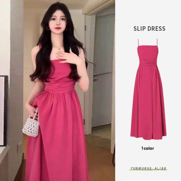Elegant Strap For Women Summer 2025 New Tea Break French Style Waist Slimming Beach Vacation Long Dress_ecoleips.com