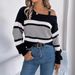 Contrasting Striped Lantern Sleeve Metal Buckle Off-Shoulder Pullover Sweater Women's Clothing_ecoleips.com