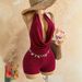 Sultry Red Halter Neck Jumpsuit For Women - Bodycon Stretchy Shorts Romper, Sexy Backless One Piece Outfit For Vacation, Party, Club_ecoleips.com