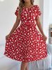 Elegant Heart Print Lace-up Dress Summer Women Round Neck Pleated Medium Long Dress_ecoleips.com