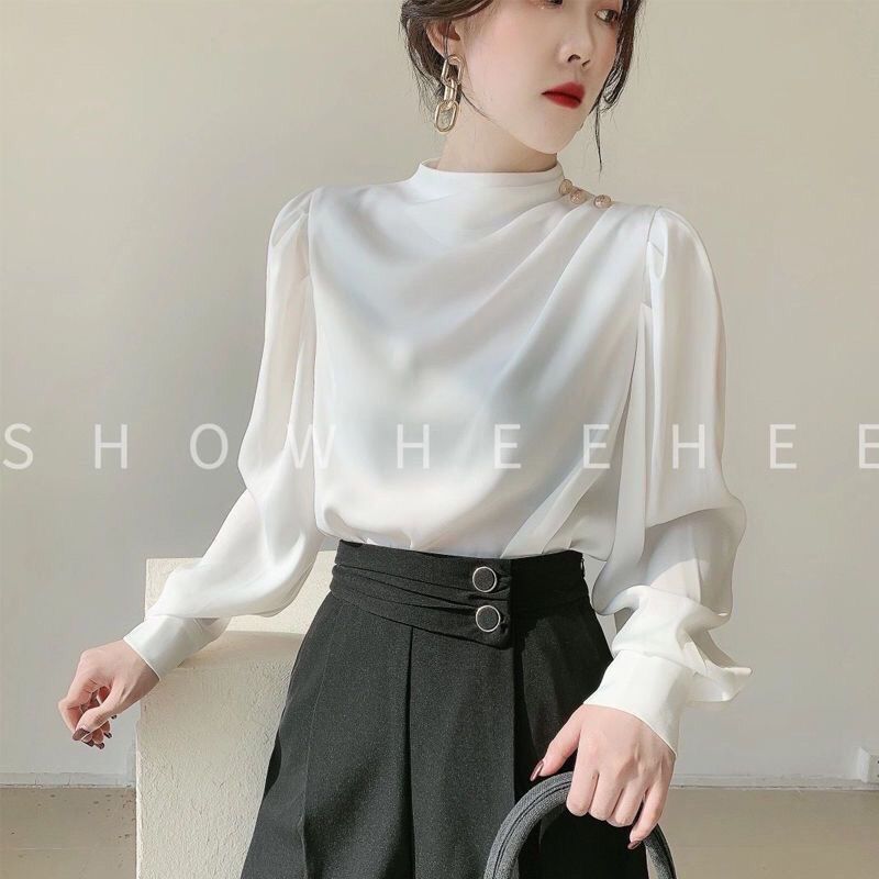 Elegant Satin Blouse – Vintage-Inspired Mandarin Collar Top For Women | Stretch Polyester Office Wear & Casual Chic Outfits_ecoleips.com