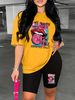 Summer Women's Casual And Fashionable Lip Print Letter Print Loose T-shirt+shorts Two-piece Sportswear Suitable For Daily Wear-79_ecoleips.com