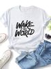 Women Vintage Distressed Wake The World Graffiti Letter Graphic T Shirt Round Neck Short Sleeve Loose Streetwear Summer Tops_ecoleips.com
