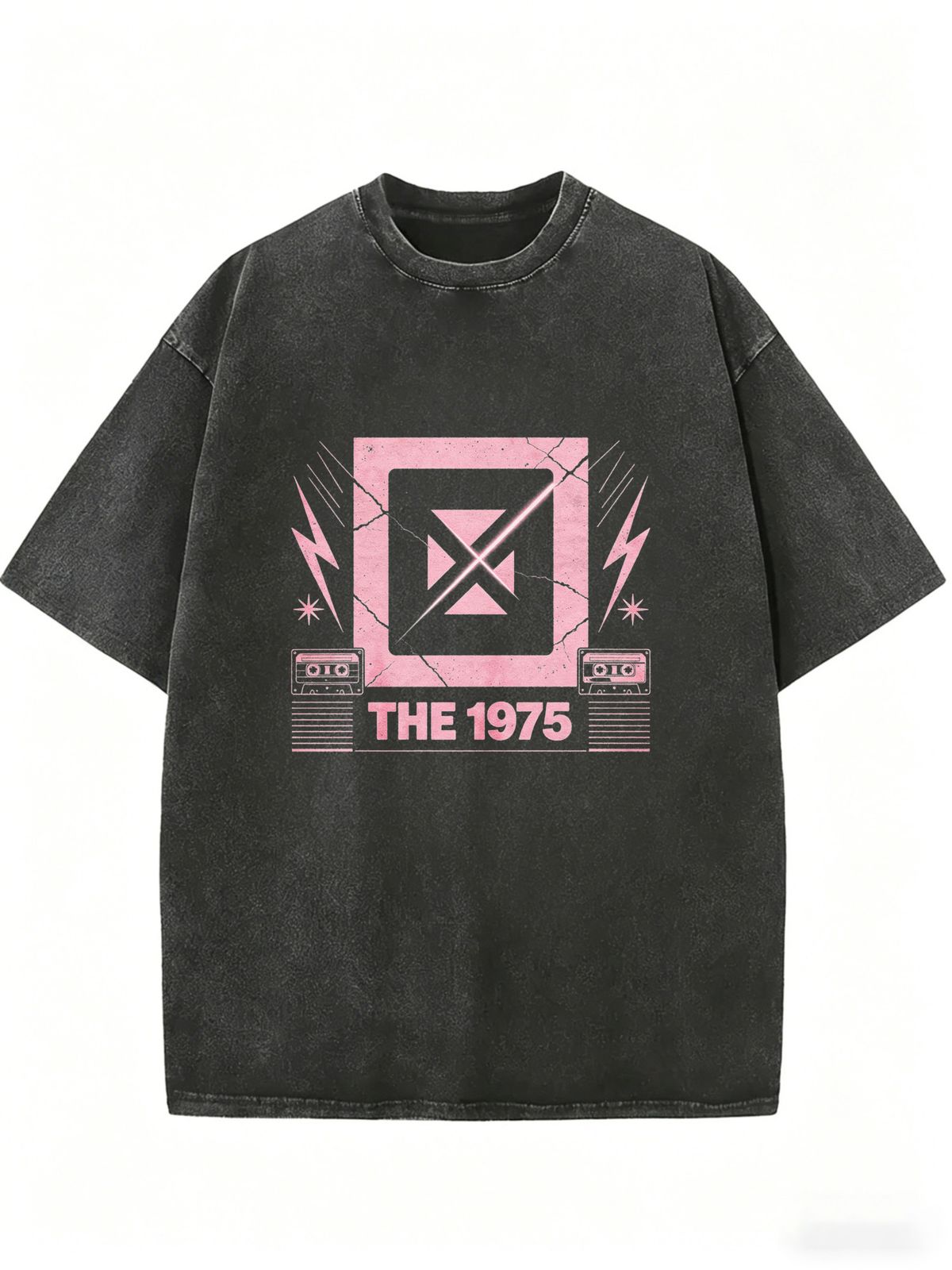 Women's Retro Rock Band Themed T-shirt, Washed Black Y2K Style Design, Printed With Pink Letter Pattern, Retro Street Style Top._ecoleips.com