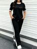 Women's Simple Sport 2-piece Set, Classic Print Colorblock Tee & Stretch Knit Side-stripe Drawstring Wide Leg Pants For Spring Summer Commute & Gym_ecoleips.com