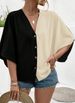Curvy Women Solid Textured Jacquard V Neck Raglan Sleeve Button Down Blouse, 2025 Spring Summer Beach Vacation Shirt_ecoleips.com