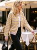 Lilac Yellow Stripe Crew Neck Pit Rib Knit Cardigan, Loose Lightweight Breathable Soft Skin-touch Button Air Conditioning Jacket_ecoleips.com