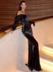 Mozision Off-shoulder Long Sleeve Sexy Maxi Dress Women Gown Black Strapless Backless Bodycon Ruched Club Party Long Dresses_ecoleips.com
