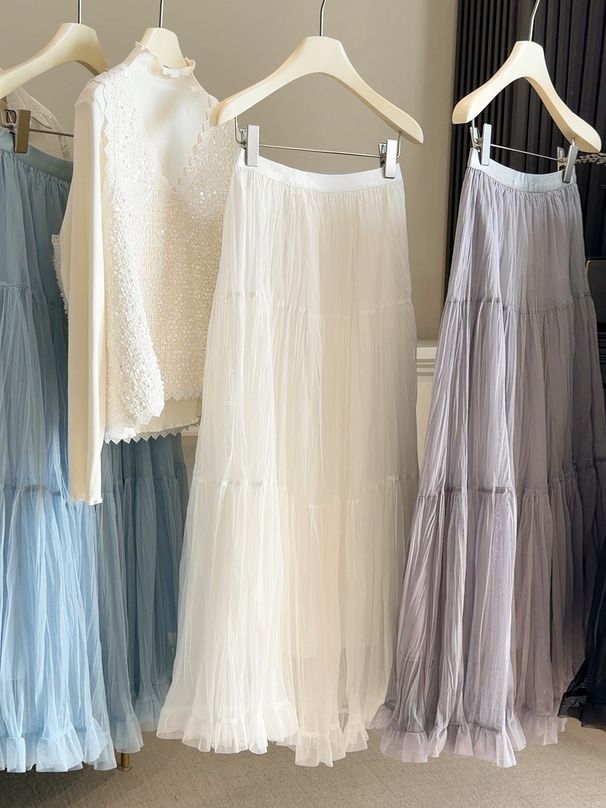 Spring High Waisted Ruffled Mesh Maxi Skirt for Women Gentle Slimming Flowy A-Line Long Skirt New Style 2026_ecoleips.com