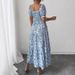 Women's Summer Elegant Sketch Print Dress Square Neck Long Puff Sleeve Loose Fit Relaxed Style_ecoleips.com