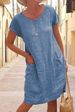 Women's Round Neck Cotton Linen Dress Solid Color Pocket Short Sleeved Loose Fit_ecoleips.com