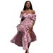 Off-Shoulder Floral Print Dress European American Style Summer New Short Sleeve Tie-Up Slit Cross-Border Women's Dress_ecoleips.com