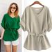 Women's V-neck Short-Sleeved Linen Shirt Batwing Sleeve Loose Fit Casual Cotton Top For Summer_ecoleips.com