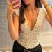 Women's Sexy Deep V Neck T-Shirt Polka Dot Pattern Pleated Waist Slimming Top European American Style Spring New Arrivals_ecoleips.com