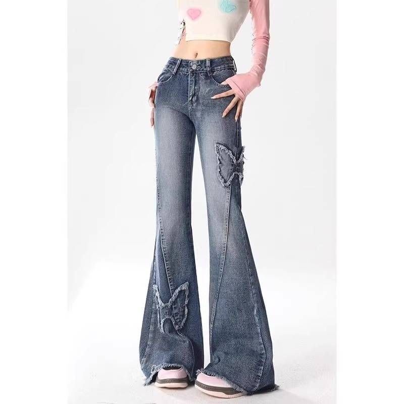 Summer's New Retro Butterfly Patchwork Micro-flared Jeans For Women, Large Size High-waisted, Loose And Slimming Fringed Pants_ecoleips.com
