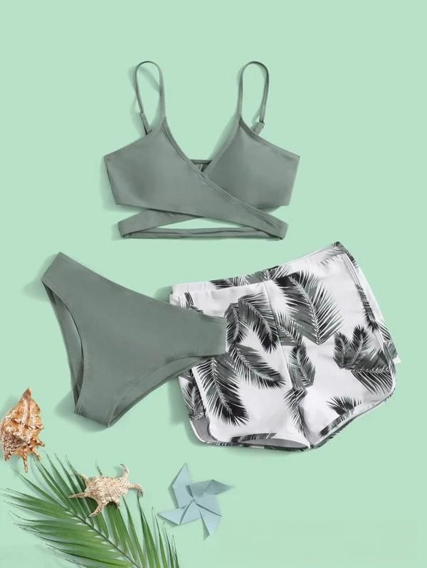 Women's Clothing Fashion Sexy Bikini Bikini Multi Color Feather Pattern Double Pants Three Piece Women's Swimsuit_ecoleips.com