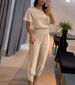 Women's Solid Color V Neck Short Sleeve Top And Jogger Pants Set Casual Comfortable Outfit_ecoleips.com