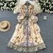 Elegant Retro Fashion Print Dress for Women Stand Collar Single Breasted with Tie Waist Full Skirt European And American Style_ecoleips.com