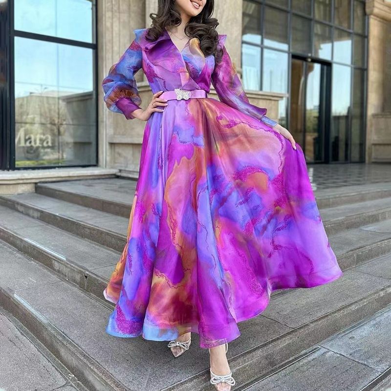 Spring And Summer New European And American Printing Large Swing Mesh Dress Commuter European And American Women's Dress_ecoleips.com