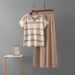 Women's Summer Color-Block Striped Polo Collar Top And Wide Leg Pants Two-Piece Set Casual Fashion Knitwear Short-Sleeved Loose Fit_ecoleips.com
