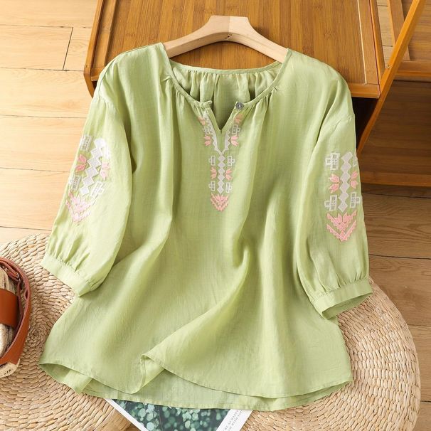 Summer Embroidered Thin V-Neck Lantern Sleeves, Breathable Five-Quarter Sleeves, Artistic Vintage Cotton-Linen Embroider_ecoleips.com
