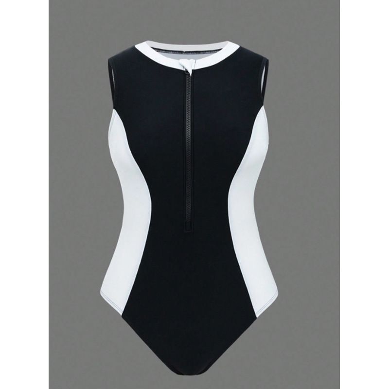 Elegant Black & White One-Piece Swimsuit For Women - Tummy Control High-Neck Design, Modest Swimwear, S/M/L/XL Sizes_ecoleips.com